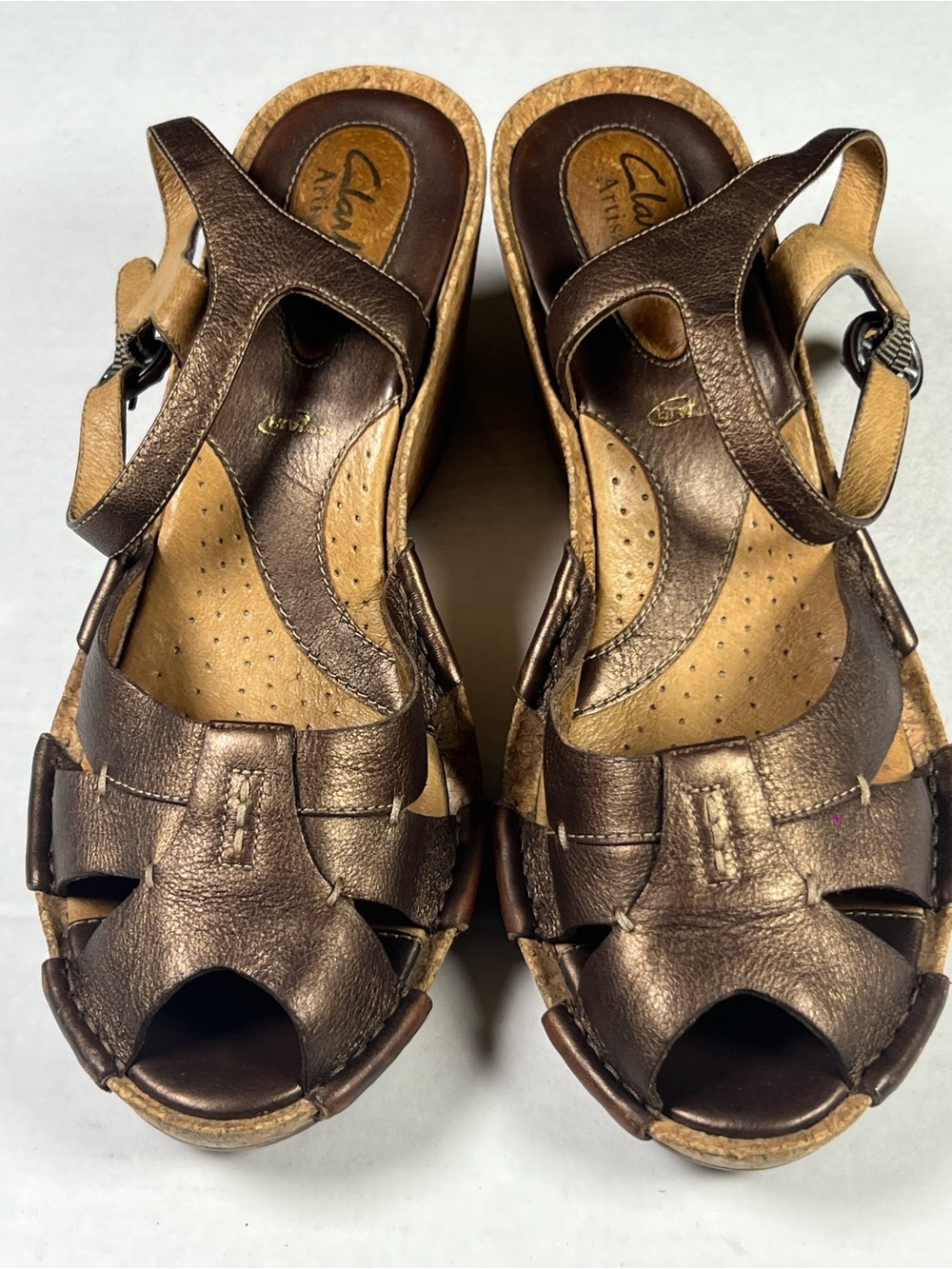 Clarks Artisan Comfort Metallic Bronze Brown Leather Cork Wedge Sandals